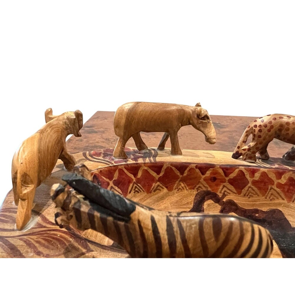 African Safari Animal Hand Carved Wood Bowl 12"w x 5 7/8"d x 4"h - Picture 14 of 16